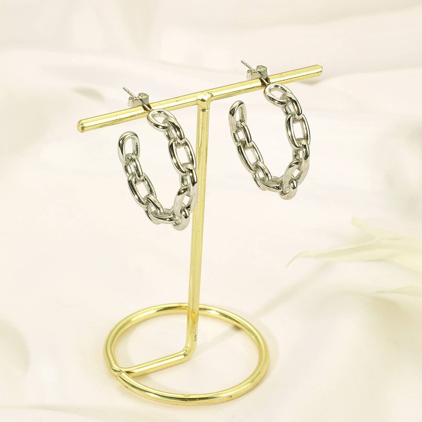 Silver Steel Chain Hoop Earrings