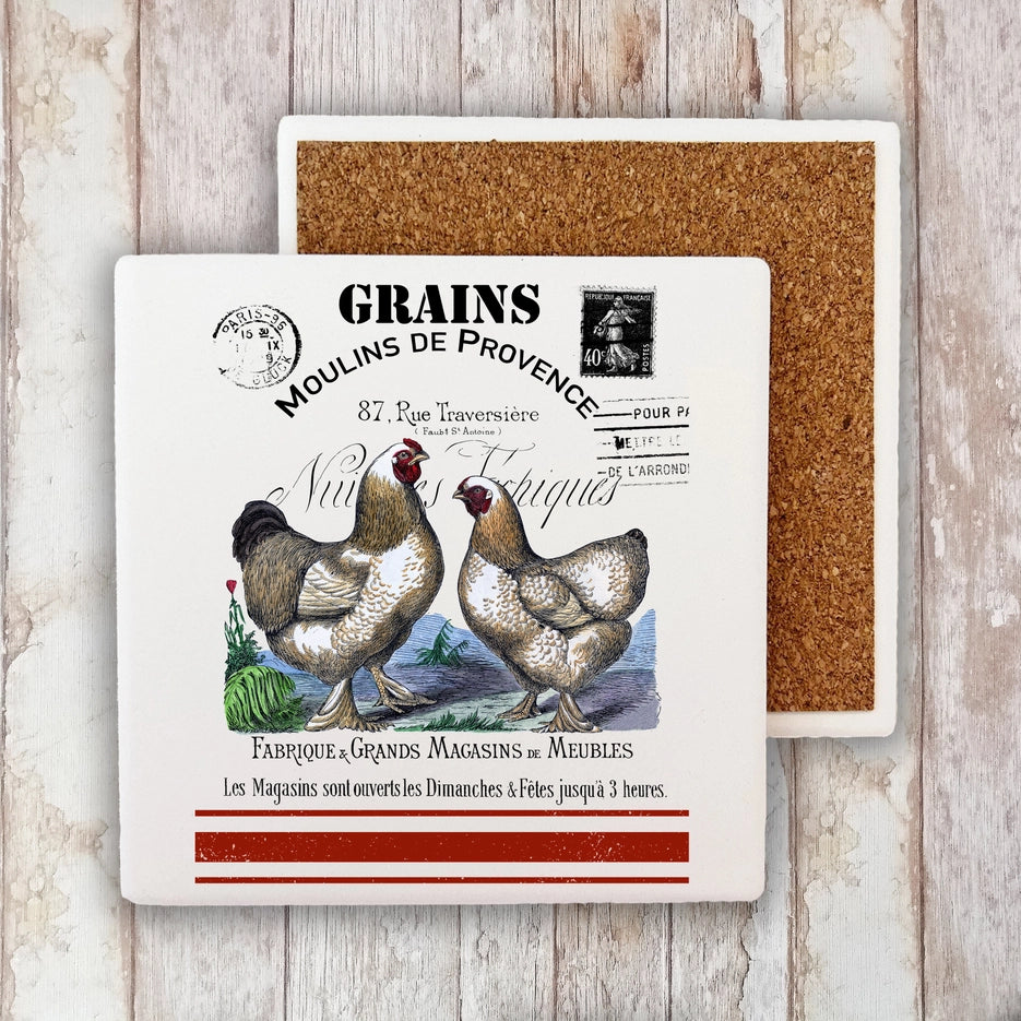 French Country Farm Chickens Stone Coasters (Set of 4)