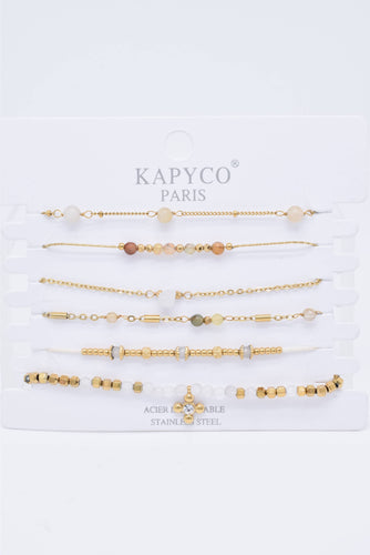 Set of 6 Gilded Steel Bracelets with Natural Stones