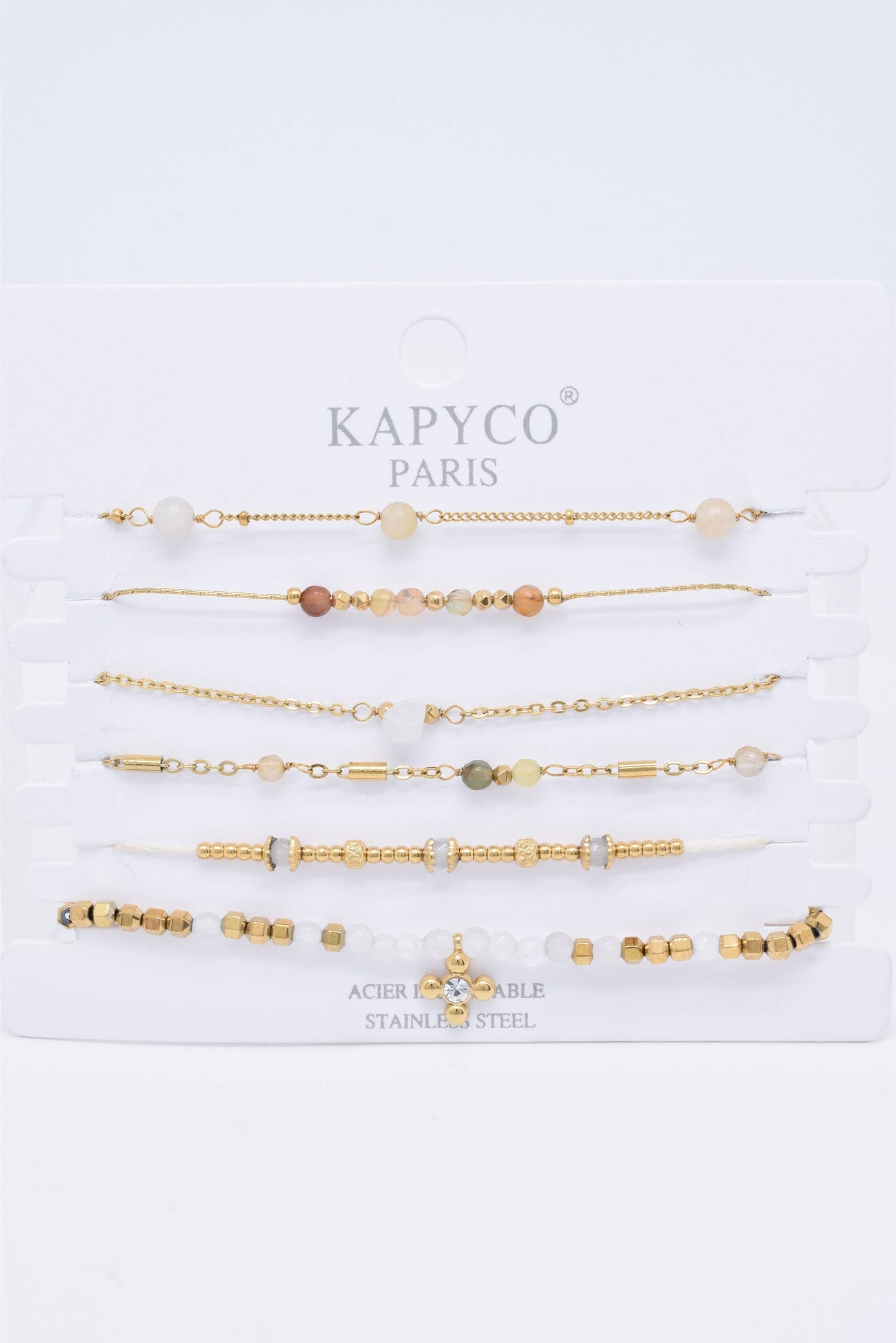 Set of 6 Gilded Steel Bracelets with Natural Stones