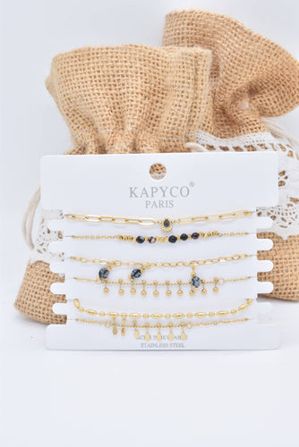 Set of 6 gold steel bracelets with blue stones and crystals