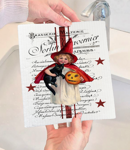 Halloween Vintage French Black Cat Swedish Dishcloth