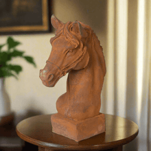 Load image into Gallery viewer, Aged Cast Iron Horse Head Sculpture for Equestrian Decor