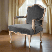Load image into Gallery viewer, French Country Velvet Armchair with Carved Wood Frame