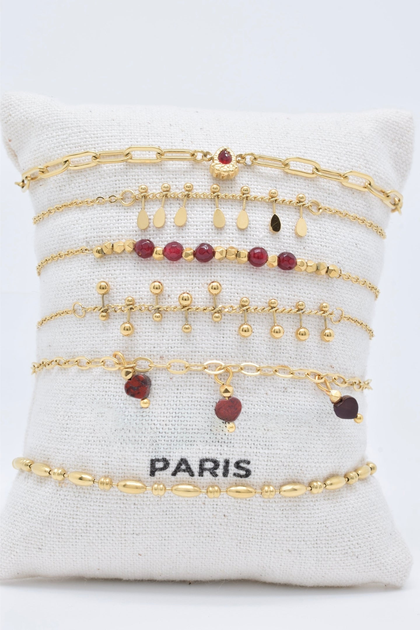 Set of 6 Gold Tone Bracelets with Natural Carnelian Stones