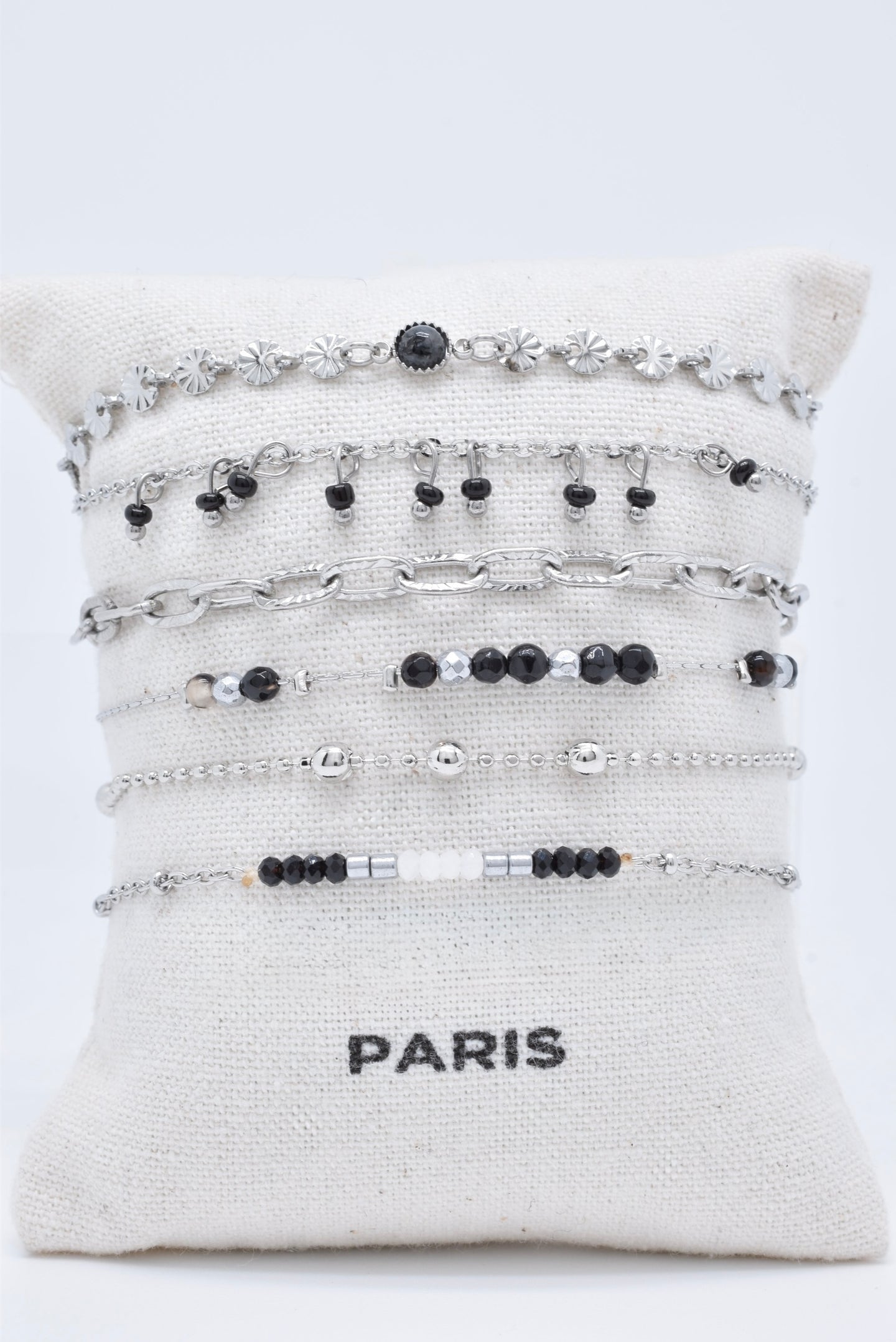 Set of 6 Silver Plated Bracelets with Black Agate Stones