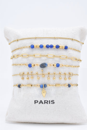 Set of 6 Gold-tone Bracelets with Natural Lapis Lazuli Stones