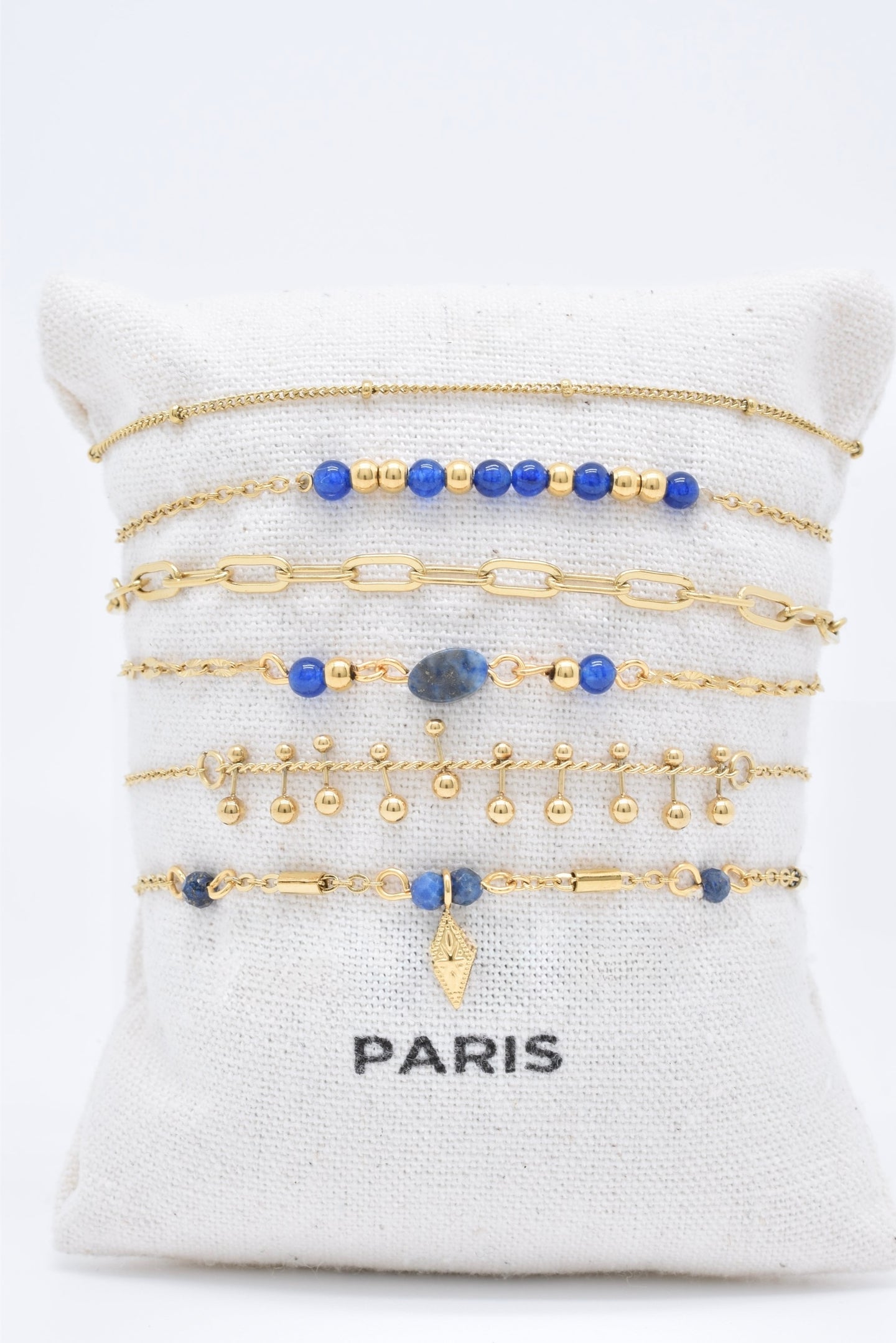 Set of 6 Gold-tone Bracelets with Natural Lapis Lazuli Stones