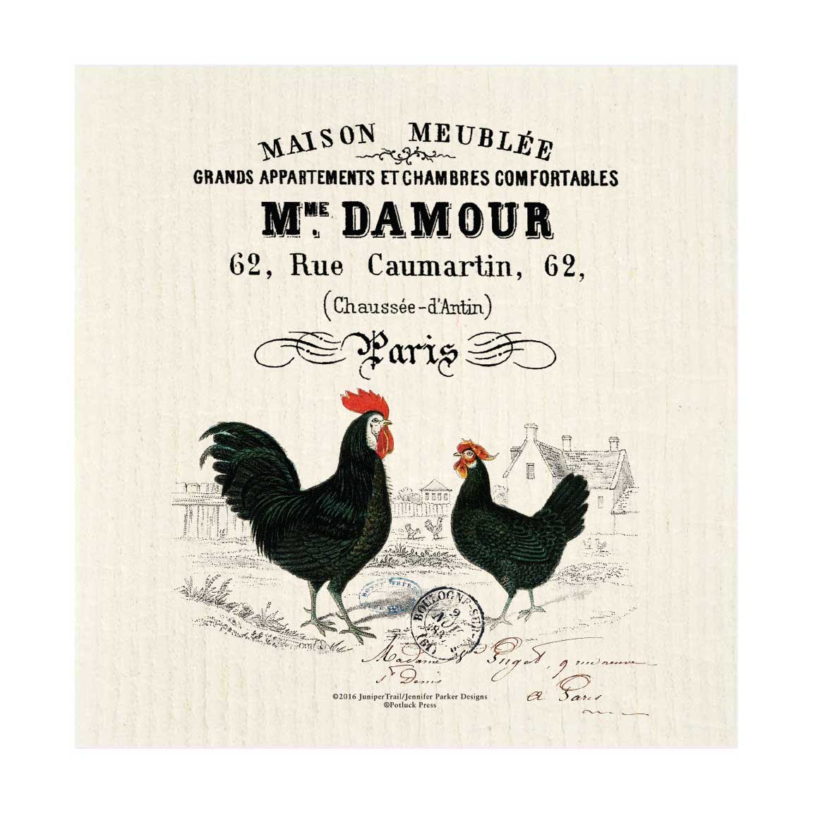 Maison Meublee French Roosters Swedish Dishcloth