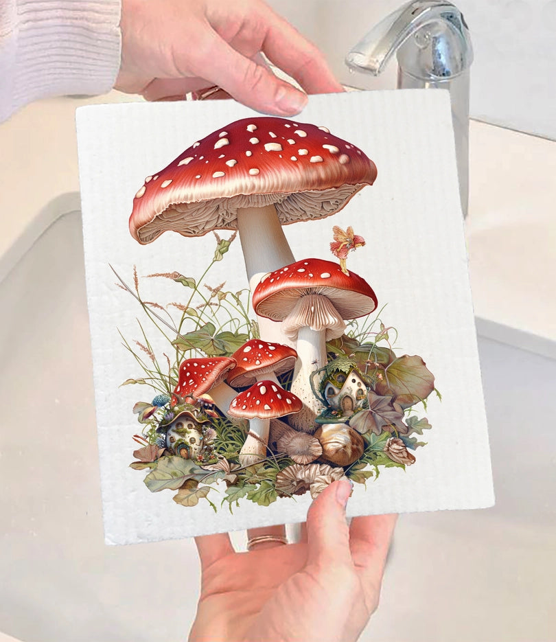 Red & White Mushrooms Faires Swedish Dishcloth