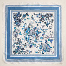 Load image into Gallery viewer, Blue Floral Butterfly Silk Texture Square Scarf