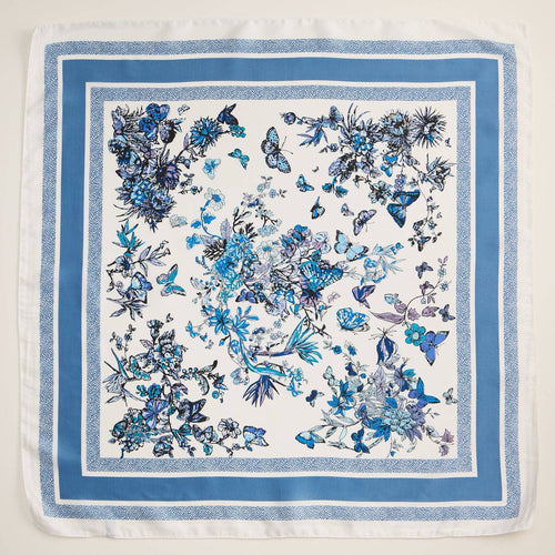 Blue Floral Butterfly Silk Texture Square Scarf