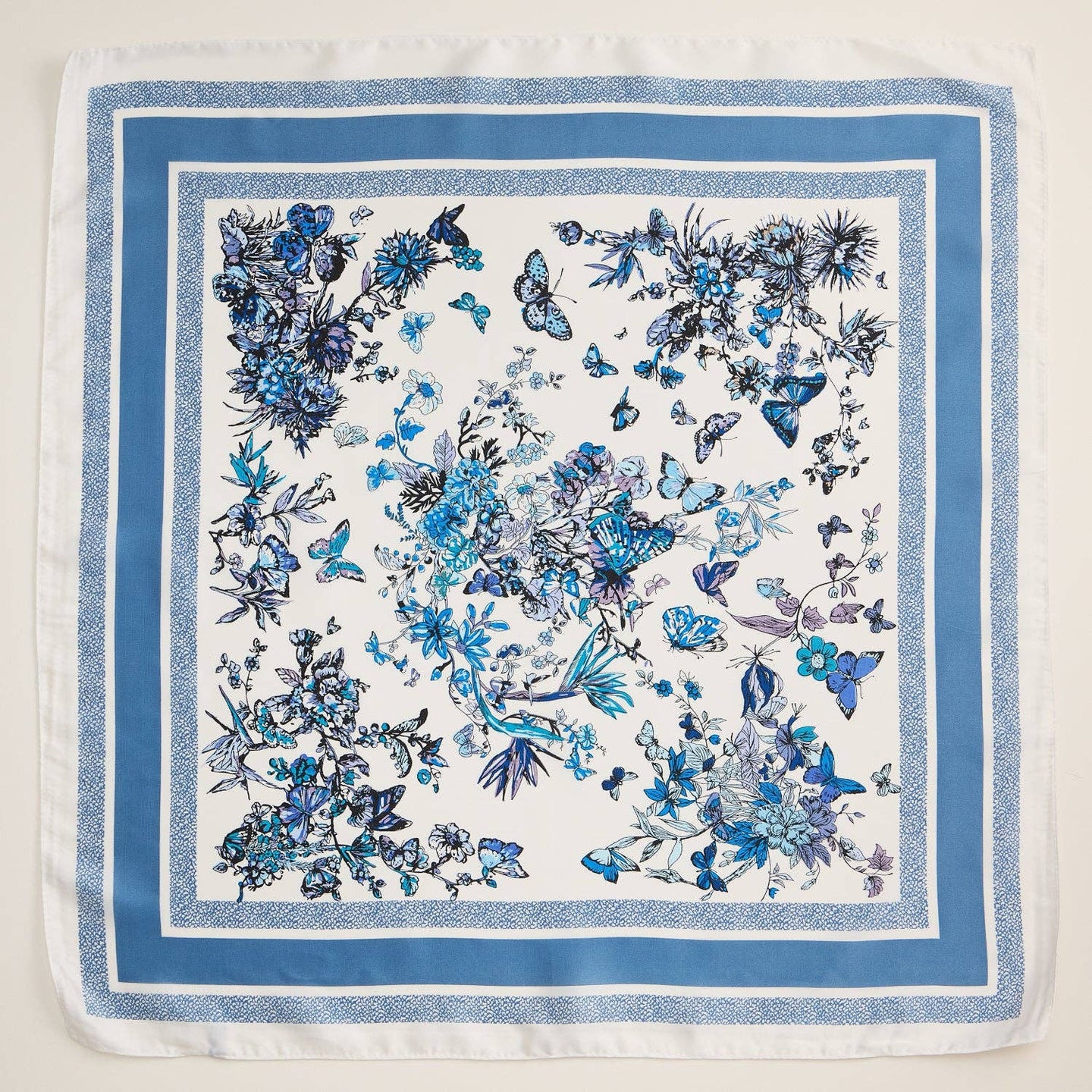 Blue Floral Butterfly Silk Texture Square Scarf