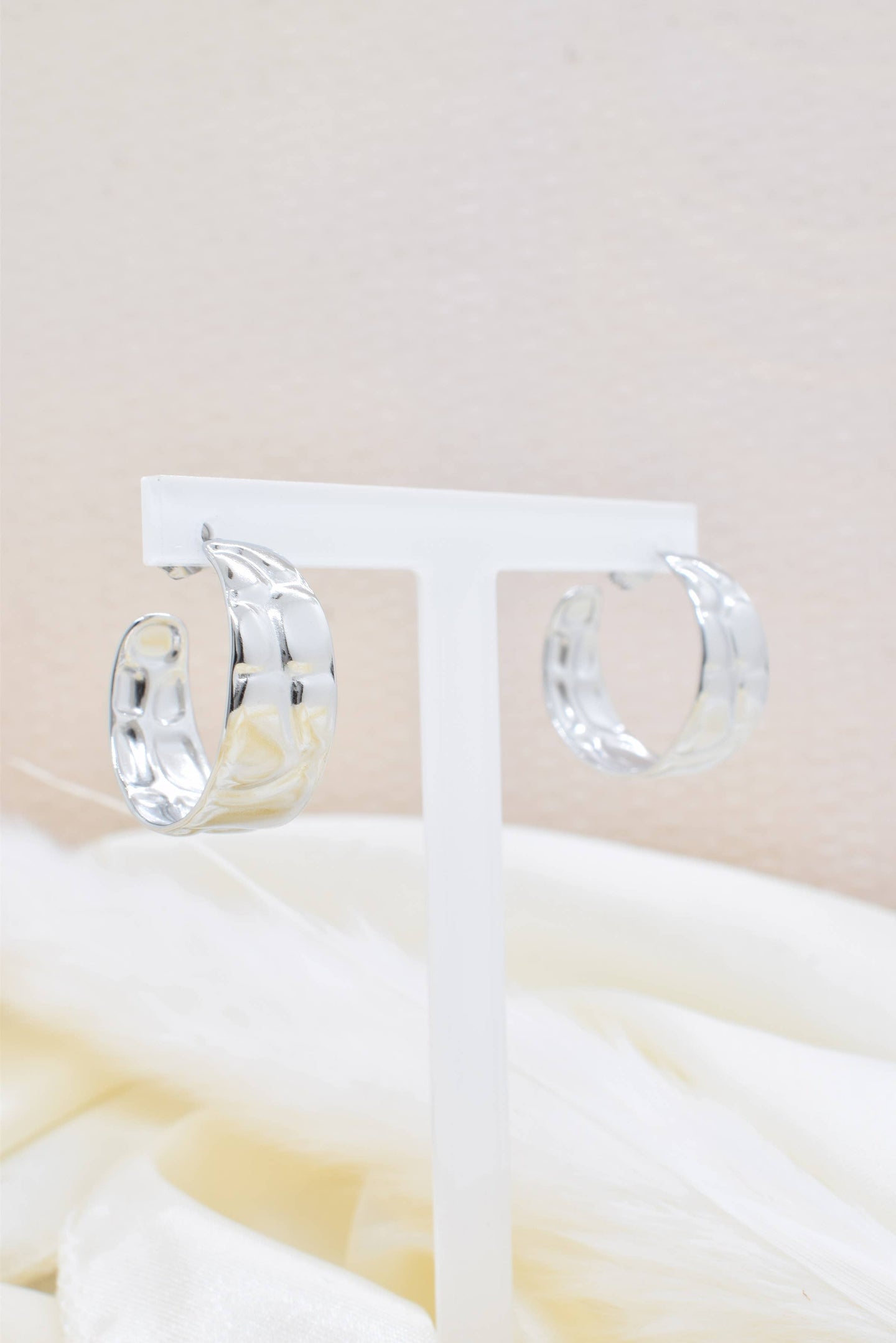 Silver Hammered Stainless Steel Crescent Earrings