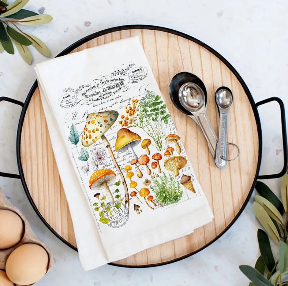 Vintage Mushrooms Botanicals Flour Sack Tea Towel